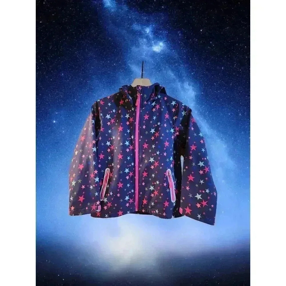Top & Sky Hooded Rain Coat Girls Size 130 Cosmic Colorful Stars Jersey Lined